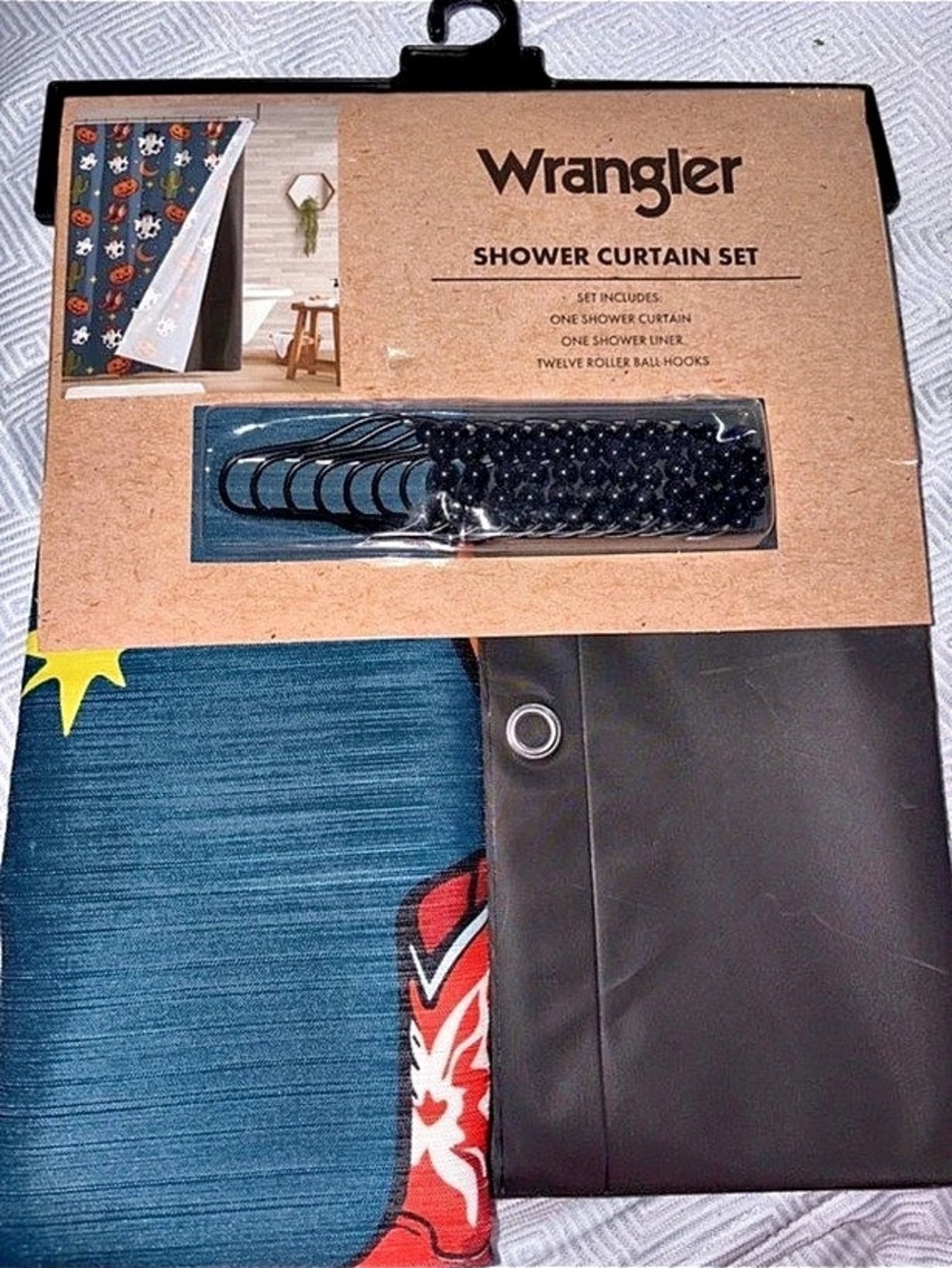 Wrangler Cowboy Skeleton Halloween Shower Curtain Set Blue & Black NWT